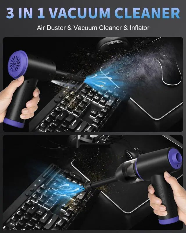 Alt view image 2 of 5 - CLEVAST Compressed Air Duster Electric Air Blower, 3 in 1 Versatile with LED, Cordless Dust Spray & Mini Vacuum & Inflating for PC, Computer, Keyboard, Rechargeable Canned Air, 3 Gear 110000RPM
