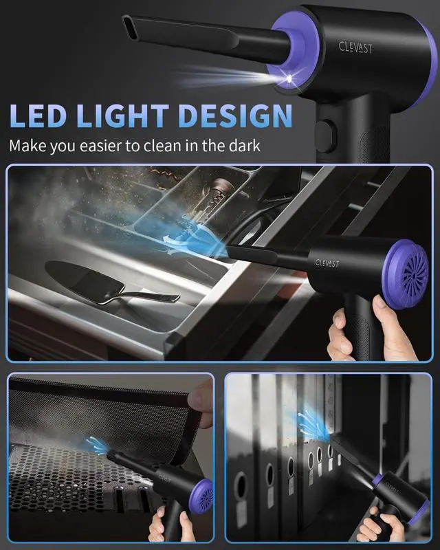 Alt view image 5 of 5 - CLEVAST Compressed Air Duster Electric Air Blower, 3 in 1 Versatile with LED, Cordless Dust Spray & Mini Vacuum & Inflating for PC, Computer, Keyboard, Rechargeable Canned Air, 3 Gear 110000RPM