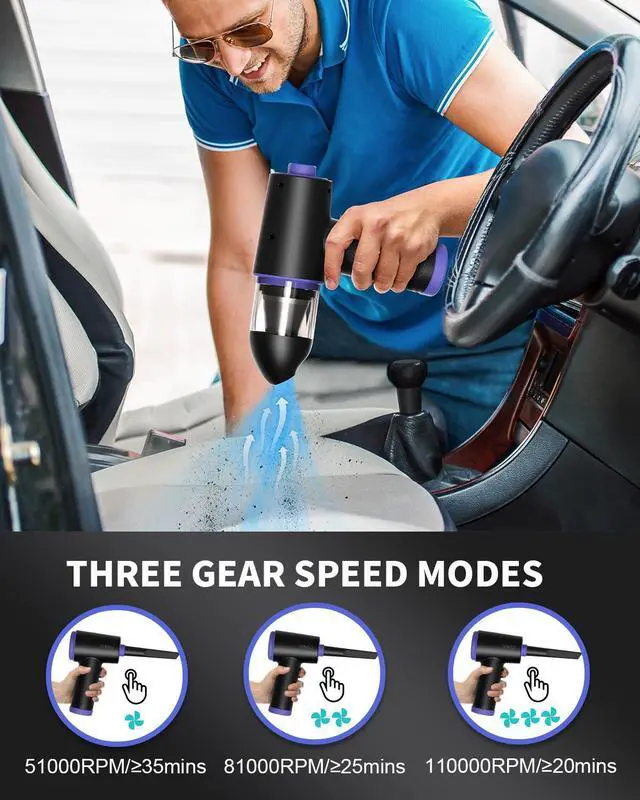 Alt view image 3 of 5 - CLEVAST Compressed Air Duster Electric Air Blower, 3 in 1 Versatile with LED, Cordless Dust Spray & Mini Vacuum & Inflating for PC, Computer, Keyboard, Rechargeable Canned Air, 3 Gear 110000RPM