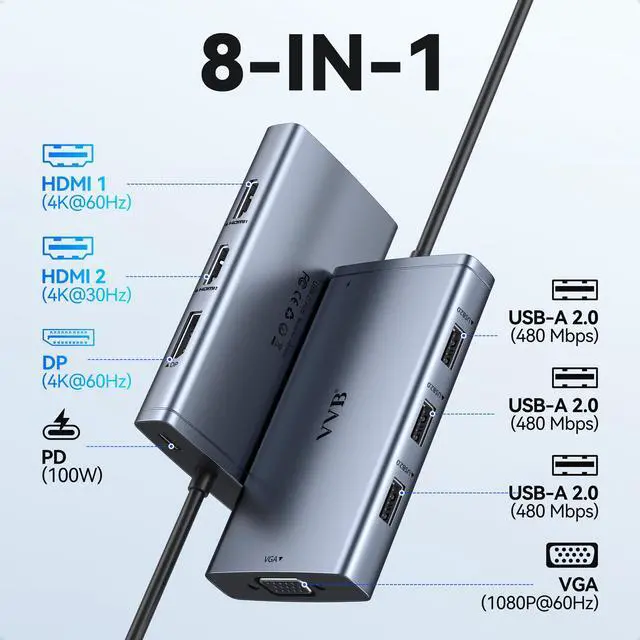 Alt view image 2 of 5 - USB C Laptop Docking Station Dual Monitor Adapter, 8 in 1 USB C Hub Multiport Adapter with Dual HDMI 4K, Displayport, VGA, 100W PD, 3USB A 2.0 Thunderbolt USB C Dongle Dock for Dell/HP/Lenovo/Surface