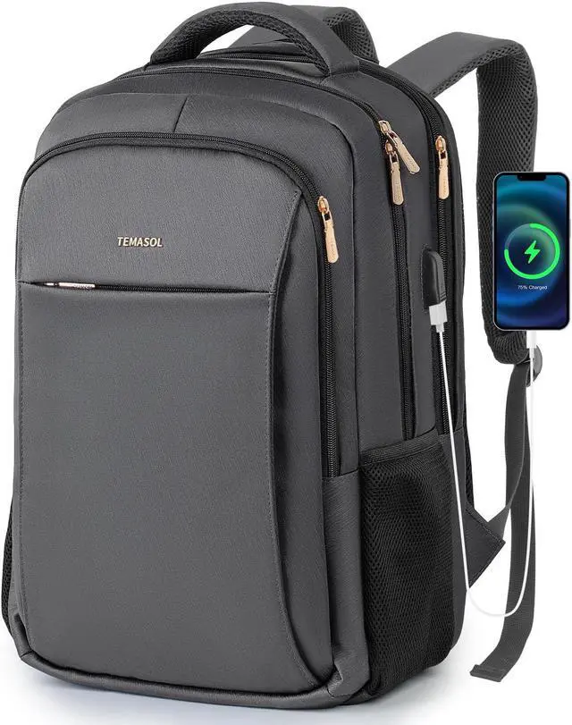 Main image of TEMASOL Travel Laptop Backpack, 17 Inch Computer Backpack Anti Theft with USB Charging Port, Water Resistant Weekender Bag Airline Approved, Slim College School Business Bag Gift for Men & Women, Grey
