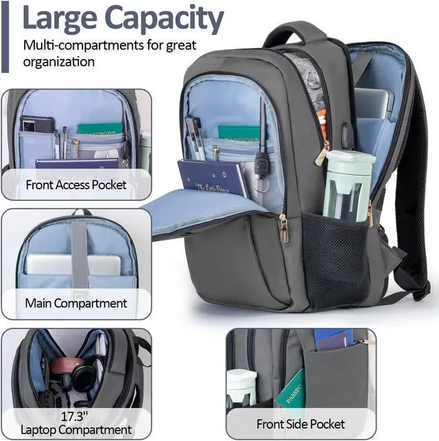 Alt view image 2 of 5 - TEMASOL Travel Laptop Backpack, 17 Inch Computer Backpack Anti Theft with USB Charging Port, Water Resistant Weekender Bag Airline Approved, Slim College School Business Bag Gift for Men & Women, Grey