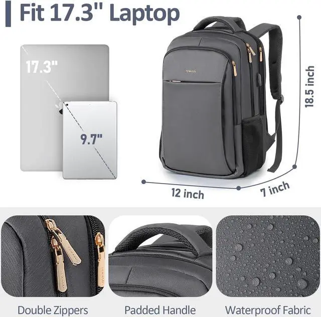Alt view image 5 of 5 - TEMASOL Travel Laptop Backpack, 17 Inch Computer Backpack Anti Theft with USB Charging Port, Water Resistant Weekender Bag Airline Approved, Slim College School Business Bag Gift for Men & Women, Grey