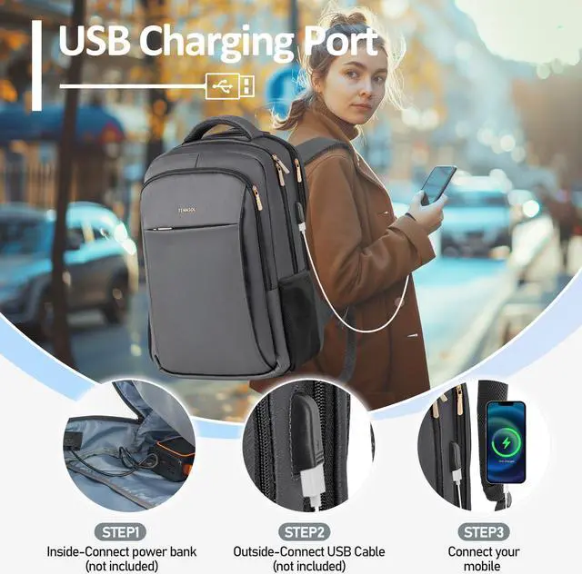 Alt view image 3 of 5 - TEMASOL Travel Laptop Backpack, 17 Inch Computer Backpack Anti Theft with USB Charging Port, Water Resistant Weekender Bag Airline Approved, Slim College School Business Bag Gift for Men & Women, Grey