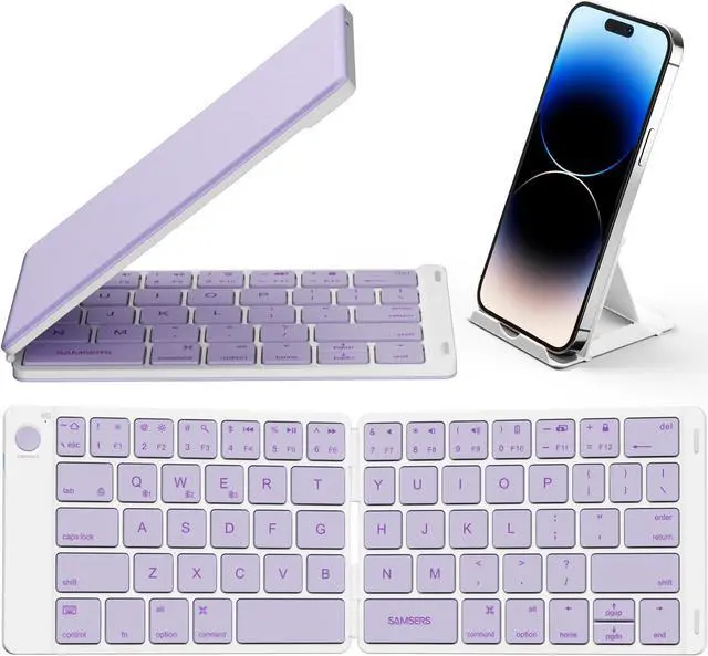 Main image of Samsers Bluetooth Foldable Keyboard, Wireless Portable Folding Keyboard, Full-Size Ultra-Slim Rechargeable Connect Up to 3 Devices for iOS Android Windows Phone Tablet and Laptop, Purple