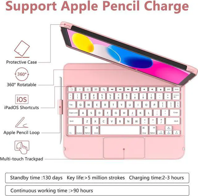 Alt view image 4 of 5 - TaIYanG for iPad 10th Generation Case with Keyboard 10.9" 2022 & 11th (A16) 2025, Touch Trackpad Keyboard Case for 11/10th Generation-360deg Rotate,Pencil Holder, Keyboard for iPad 10th Gen, Rose Gold
