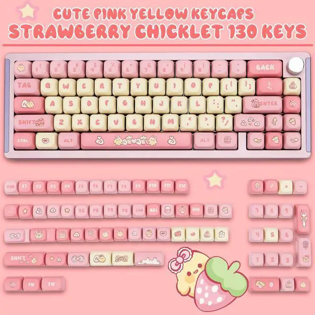 Alt view image 2 of 5 - GEKUCAP PBT Cute Pink Yellow Keycaps 136 Keys XOA Key caps Dye Sublimation Custom Keycap Set Round Profile for Cherry MX Switches Mechanical Gaming Keyboards(Strawberry Chick Theme)