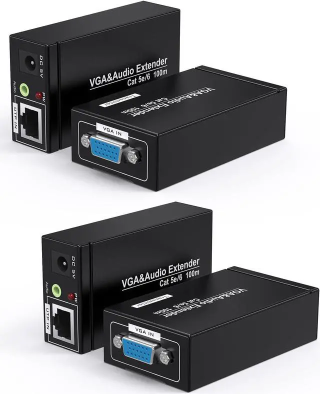 Main image of MOERISICAL 2 Pack VGA Extender Over Cat6 Cat5e up to 328ft / 100M Video VGA Extension Adapter Over RJ45 Ethernet Cable (Transmitter + Receiver)