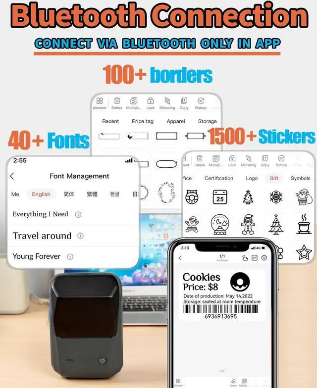 Alt view image 2 of 5 - LMASBLTER B1 Black Label Makers-Barcode Label Printer Bluetooth Portable Thermal Printer for Small Business,Address,Logo,Clothing,Jewelry, Retail+2 Rolls Clear Address Round Label Label Maker Tape