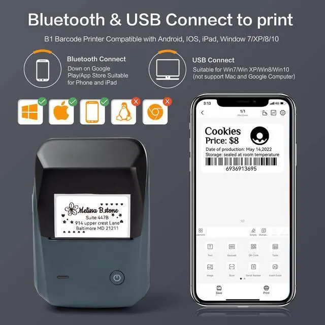 Alt view image 4 of 5 - LMASBLTER B1 Black Label Makers-Barcode Label Printer Bluetooth Portable Thermal Printer for Small Business,Address,Logo,Clothing,Jewelry, Retail+2 Rolls Clear Address Round Label Label Maker Tape