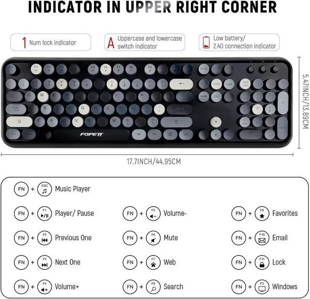 Alt view image 2 of 5 - FOPETT Wireless Keyboard and Mouse Combo, 104 Keys Full-Sized 2.4 GHz Round Keycap Colorful Keyboards, USB Receiver Plug and Play, for Windows, Mac, PC, Laptop, Desktop (Grey)