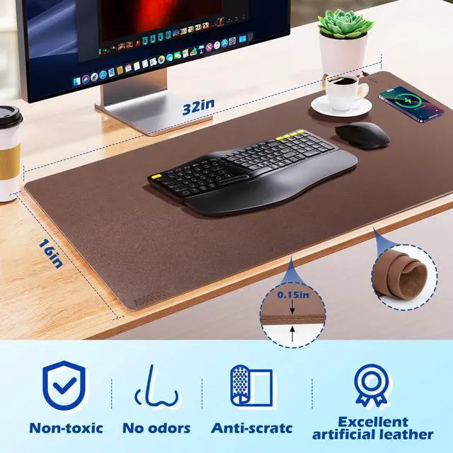 Alt view image 2 of 5 - Wireless Charging Desk Mat with Desk Pad for Desktop Charging Large Mouse Pad Waterproof Leather Computer Mat Mouse Pad Non-Slip Protector on Top of Desks for Keyboard and Mouse (brown-r, 32*16inch)