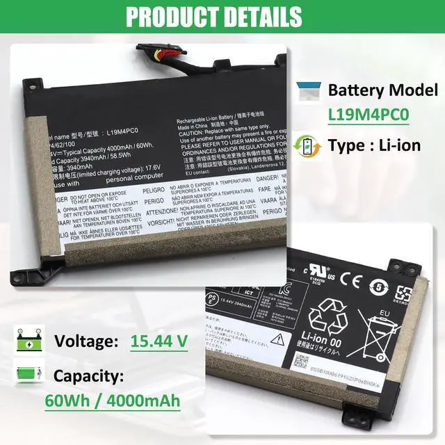 Alt view image 2 of 5 - RHKRKQN L19M4PC0 L19C4PC0 Laptop Battery Replacement for Lenovo Legion 5P-15IMH05 Legion 5-15IMH05 5-15ARH05 Series 5B10W86194 5B10W86195 5B10W86196 L19C4PC1 L19M4PC1 15.44V 60Wh
