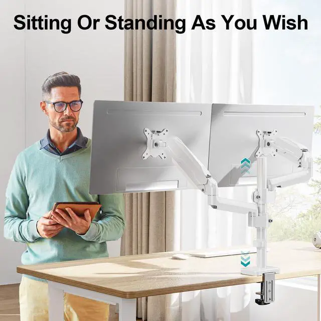 Alt view image 3 of 5 - MOUNT PRO Dual Monitor Mount for 13-32" Computer Screen, Tall Monitor Stands for 2 Monitors, Adjustable Gas Spring Double Vertical Monitor Desk Mount, Each Arm Holds 4.4 to19.8lbs, VESA Mount, White