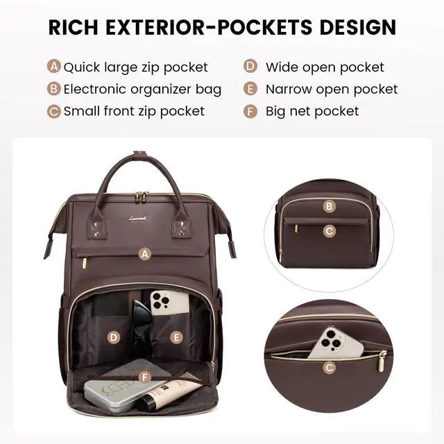 Alt view image 3 of 5 - LOVEVOOK Leather Laptop Backpack for Women 17 inch, Travel Backpack Purse Nurse Teacher Computer Laptop Bag, Professional College Business Work Bags Carry On with USB Port, Coffee