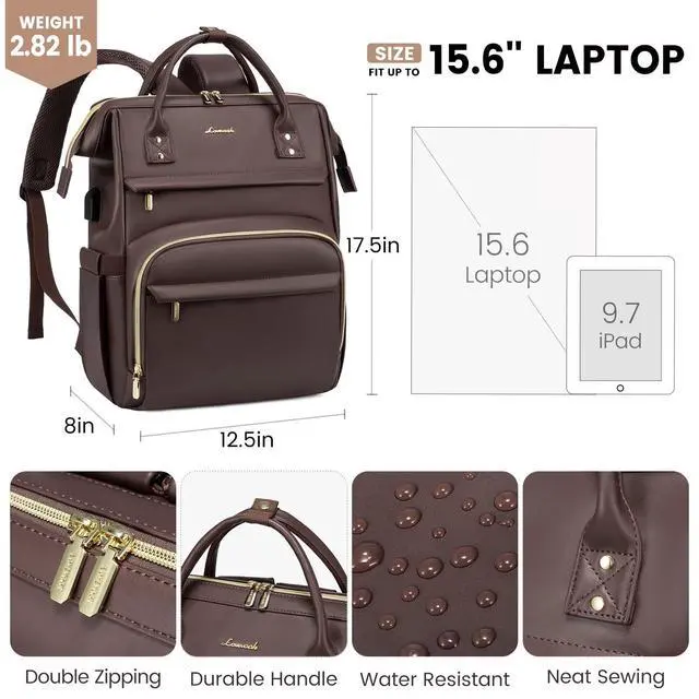 Alt view image 4 of 5 - LOVEVOOK Leather Laptop Backpack for Women 17 inch, Travel Backpack Purse Nurse Teacher Computer Laptop Bag, Professional College Business Work Bags Carry On with USB Port, Coffee