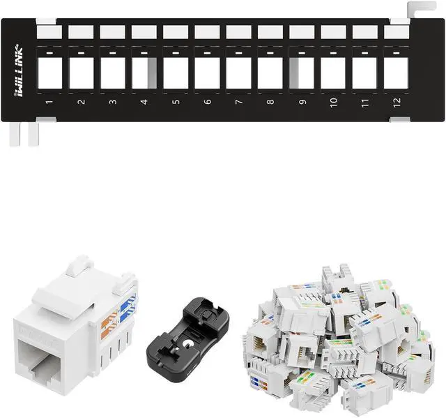 Main image of Iwillink 12 Port Blank Keystone Patch Panel with Cat6 RJ45 Keystone Jack 25-Pack
