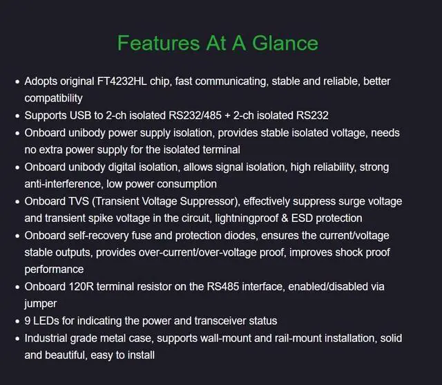 Alt view image 2 of 5 - Industrial Isolated USB to RS232/RS485 Converter Adapter, with Original FT4232HL Chip, Supports USB to 4-CH RS232 or USB to 2-CH RS232 + 2-CH RS485, Compatible Linux, Android, Windows 11/10/8.1/8/7