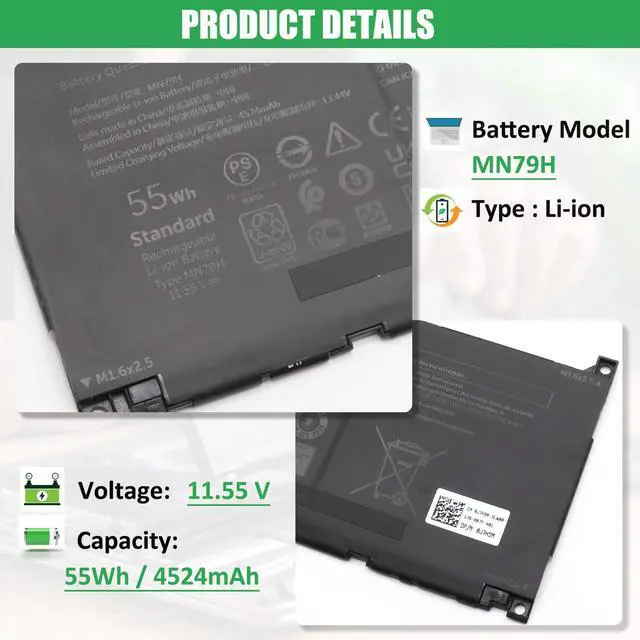 Alt view image 2 of 5 - RHKRKQN MN79H Laptop Battery Replacement for Dell XPS 13 Plus 9320 XPS9320-7523BLK-PUS XPS9320-7585SLV-PUS Series Notebook J7H5M 0J7H5M NXRKW 0NXRKW 11.55V 55Wh 4524mAh