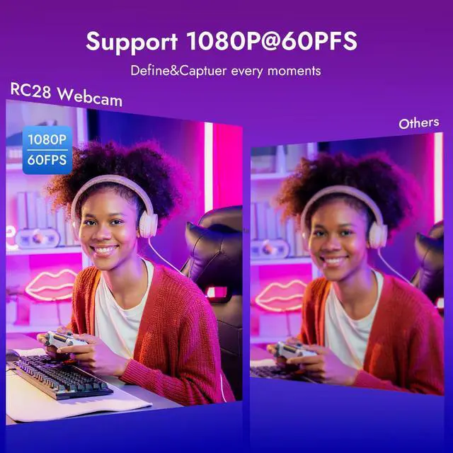 Alt view image 5 of 5 - ROCWARE RC28 Webcam with Cardioid & Omnidirectional Microphone | HiFi Mode for Studio-Quality Audio, AI Noise Cancellation & Raw Audio Modes | 1080P 60FPS Web Cam for Streaming/Meetings/Beginners