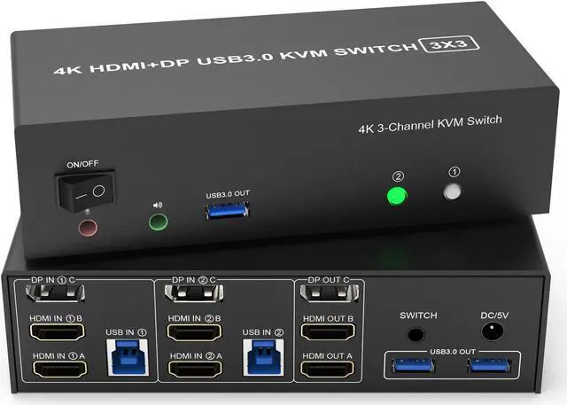 Main image of KVM Switch 3 Monitors 2 Computers 4K@60Hz, 2 HDMI+Displayport KVM Switch Triple Monitor for 2 Computer Share 3 Monitor, Audio Mic Port and 3 USB3.0 Devices, Wired Remote and 5V Power Adapter