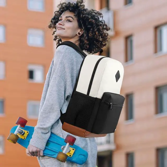 Alt view image 2 of 5 - YAMTION 17 Inch School Backpack Women,Classic Back Pack College Bookbag Teen Boys and Girls Black Beige