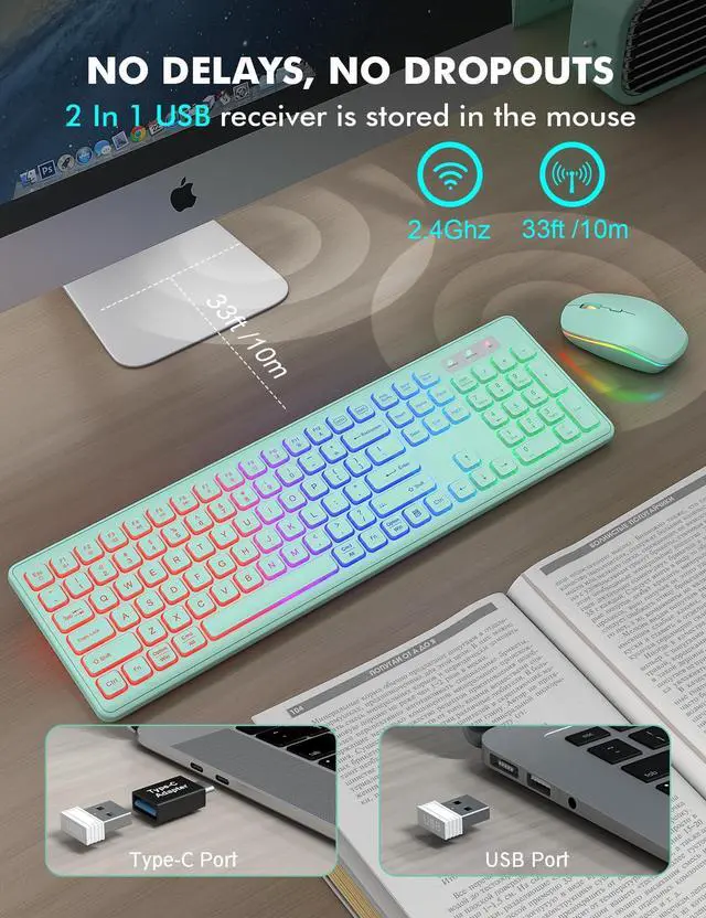 Alt view image 4 of 5 - Wireless Keyboard and Mouse Combo - RGB Backlit, Rechargeable & Light Up Letters, Full-Size, Ergonomic Tilt Angle, Sleep Mode, 2.4GHz Quiet Keyboard Mouse for Mac, Windows, Laptop, PC, Mint Green