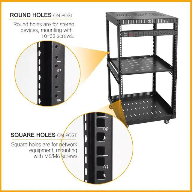 Alt view image 4 of 5 - RIVECO18U Network Rack with Reinforced Top & Bottom Vented Plates Including 1PCS Rack Shelf & Rail Mount PDU+2U Vented Blank Panels