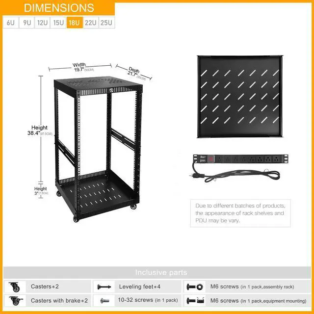 Alt view image 3 of 5 - RIVECO18U Network Rack with Reinforced Top & Bottom Vented Plates Including 1PCS Rack Shelf & Rail Mount PDU+2U Vented Blank Panels