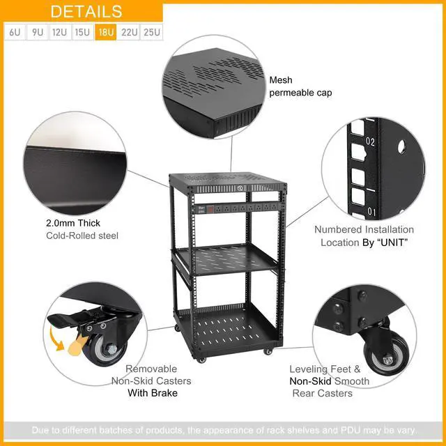 Alt view image 5 of 5 - RIVECO18U Network Rack with Reinforced Top & Bottom Vented Plates Including 1PCS Rack Shelf & Rail Mount PDU+2U Vented Blank Panels