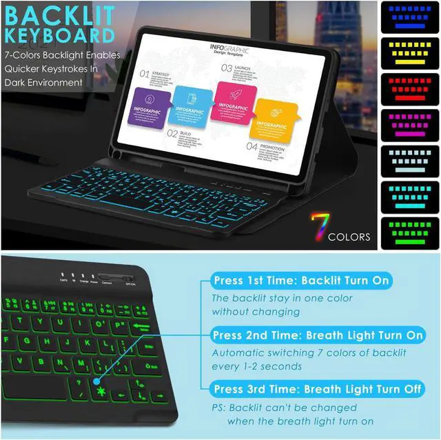Alt view image 5 of 5 - DETUOSI Backlit Keyboard Case for Samsung Galaxy Tab A9 8.7" SM-X110 WiFi 2023 Android Tablet with S Pen Holder | Soft TPU Shockproof Back Cover | Magnetic Closure Case | Detachable Wireless Keyboard