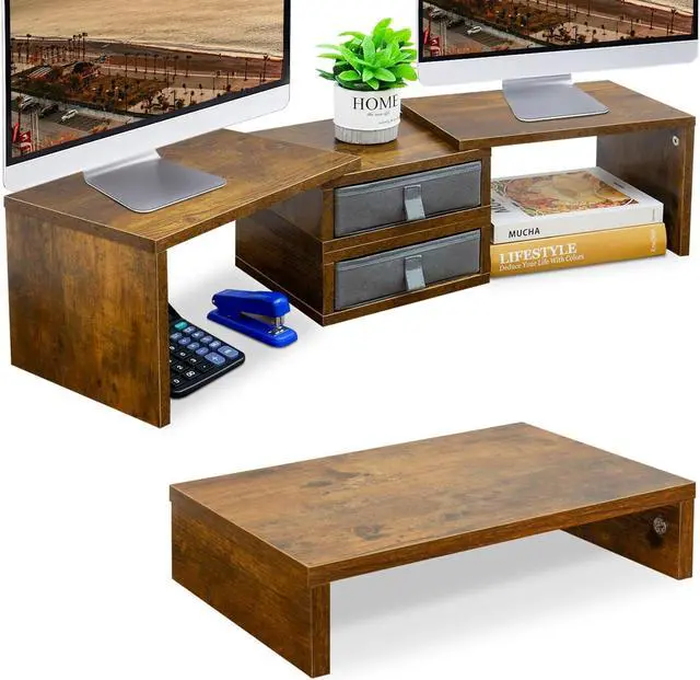 Main image of TEAMIX 1 Pack and 2 Drawers Rustic Brown Wood Monitor Stand Riser for 2 Monitors/Laptop/PC, Wood Screen/TV Stand Desk Organizer.