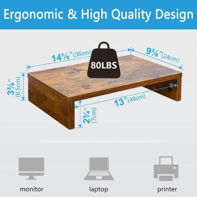 Alt view image 5 of 5 - TEAMIX 1 Pack and 2 Drawers Rustic Brown Wood Monitor Stand Riser for 2 Monitors/Laptop/PC, Wood Screen/TV Stand Desk Organizer.
