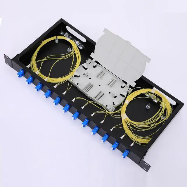 Main image of 12 Duplex 24-Port LC-OS1 Fiber Rack Mount Enclosure Box with Splice Trays, SingleMode LC-UPC Kit (Includes 1M 24-Strand Fiber Optic Pigtail + 24 Core LGX Loaded Patch Panel) - Fits 19" Racks Cabinet