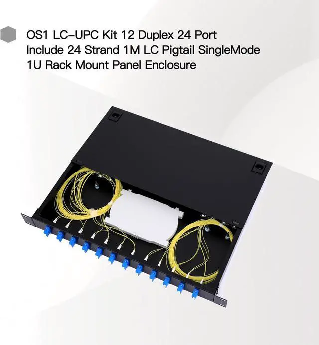 Alt view image 2 of 5 - 12 Duplex 24-Port LC-OS1 Fiber Rack Mount Enclosure Box with Splice Trays, SingleMode LC-UPC Kit (Includes 1M 24-Strand Fiber Optic Pigtail + 24 Core LGX Loaded Patch Panel) - Fits 19" Racks Cabinet
