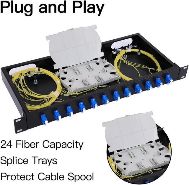 Alt view image 4 of 5 - 12 Duplex 24-Port LC-OS1 Fiber Rack Mount Enclosure Box with Splice Trays, SingleMode LC-UPC Kit (Includes 1M 24-Strand Fiber Optic Pigtail + 24 Core LGX Loaded Patch Panel) - Fits 19" Racks Cabinet
