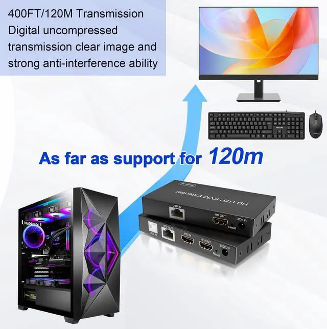 Alt view image 4 of 5 - HDMI USB KVM Extender TCP/IP Over Cat5e/6/6a/7 up to 200ft/60M, 1080p@60Hz, 2 USB2.0 Ports, Keyboard and Mouse USB Over Network, Zero Latency, Plug and Play, Supports All Operating System