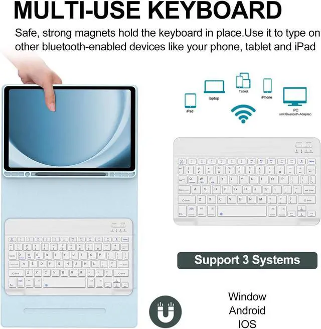 Alt view image 2 of 5 - BORIYUAN Keyboard Case for Samsung Galaxy Tab A9 Plus 5G 11 Inch 2023(SM-X210/X216/X218) - Detachable Wireless Bluetooth Keyboard Folio Smart Cover with S Pen Holder for Galaxy Tab A9+ 11" (Sky Blue)