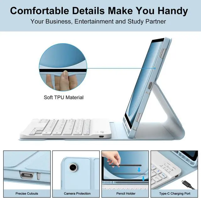 Alt view image 5 of 5 - BORIYUAN Keyboard Case for Samsung Galaxy Tab A9 Plus 5G 11 Inch 2023(SM-X210/X216/X218) - Detachable Wireless Bluetooth Keyboard Folio Smart Cover with S Pen Holder for Galaxy Tab A9+ 11" (Sky Blue)