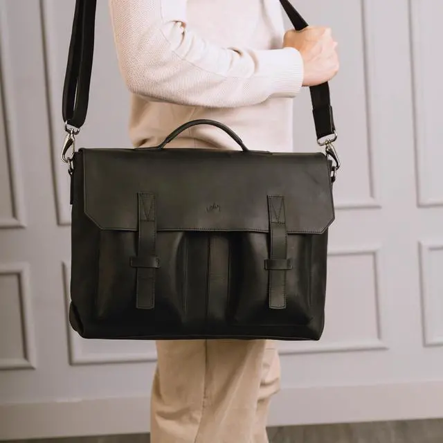 Alt view image 4 of 5 - VELEZ Black Top Grain Leather Backpack + Messenger Bag For Men