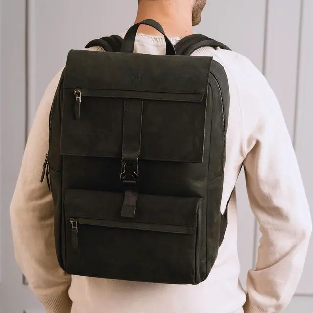 Alt view image 5 of 5 - VELEZ Black Top Grain Leather Backpack + Messenger Bag For Men