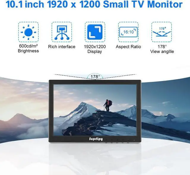 Alt view image 2 of 5 - Suprlipy 10 inch FHD Small IPS Monitor LCD Display Screen 1920x1200 60Hz 16:10 with BNC VGA AV Input Built-in Lounspeakers for CCTV Security Camera DVR PC STB Game Console