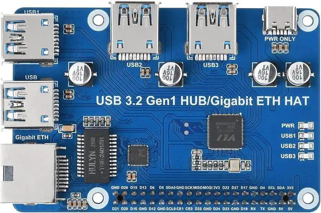 Main image of Waveshare USB 3.2 Gen1 and Gigabit Ethernet HUB HAT, Compatible with Raspberry Pi Zero/Zero W/4B/3B/3B+, 3X USB 3.2 Gen1, 1x Gigabit Ethernet, No Driver Required