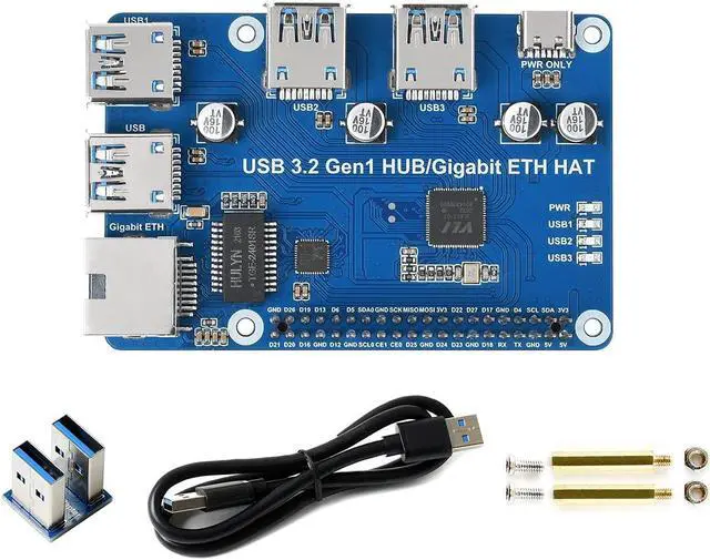 Alt view image 2 of 5 - Waveshare USB 3.2 Gen1 and Gigabit Ethernet HUB HAT, Compatible with Raspberry Pi Zero/Zero W/4B/3B/3B+, 3X USB 3.2 Gen1, 1x Gigabit Ethernet, No Driver Required