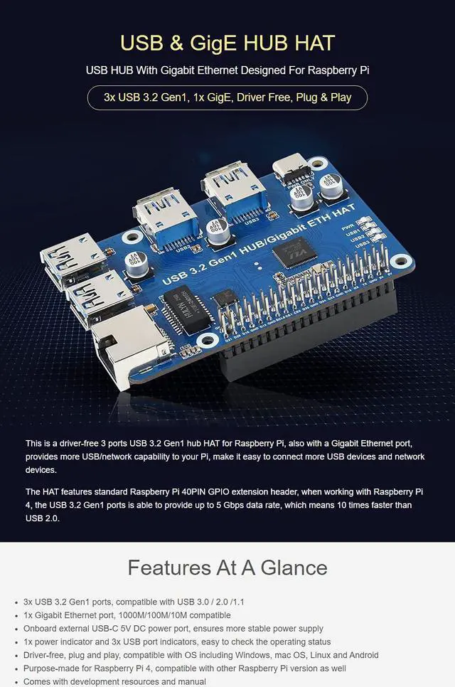Alt view image 4 of 5 - Waveshare USB 3.2 Gen1 and Gigabit Ethernet HUB HAT, Compatible with Raspberry Pi Zero/Zero W/4B/3B/3B+, 3X USB 3.2 Gen1, 1x Gigabit Ethernet, No Driver Required