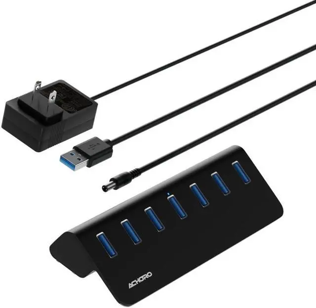 Main image of Achoro 7 Ports Powered USB HUB  2nd Generation 10GB Super Speed External USB Port  USB 3.2 Aluminium USB Hub for Computer, Mac, PCs, Smartphone & Tablets  Computer Multiple USB Hub (Powered Black)