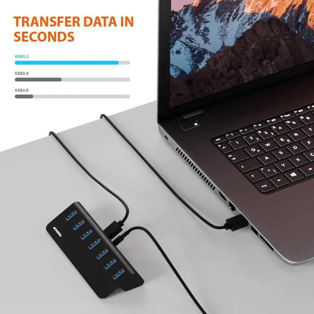 Alt view image 3 of 5 - Achoro 7 Ports Powered USB HUB  2nd Generation 10GB Super Speed External USB Port  USB 3.2 Aluminium USB Hub for Computer, Mac, PCs, Smartphone & Tablets  Computer Multiple USB Hub (Powered Black)