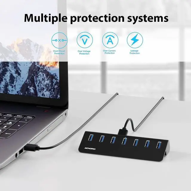 Alt view image 5 of 5 - Achoro 7 Ports Powered USB HUB  2nd Generation 10GB Super Speed External USB Port  USB 3.2 Aluminium USB Hub for Computer, Mac, PCs, Smartphone & Tablets  Computer Multiple USB Hub (Powered Black)