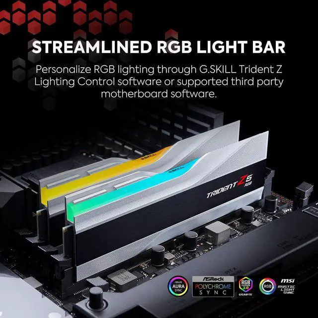 Alt view image 3 of 5 - G.SKILL Trident Z5 RGB Series (Intel XMP 3.0) DDR5 RAM 32GB (2x16GB) 6400MT/s CL32-39-39-102 1.40V Desktop Computer Memory UDIMM - Metallic Silver (F5-6400J3239G16GA2-TZ5RS)
