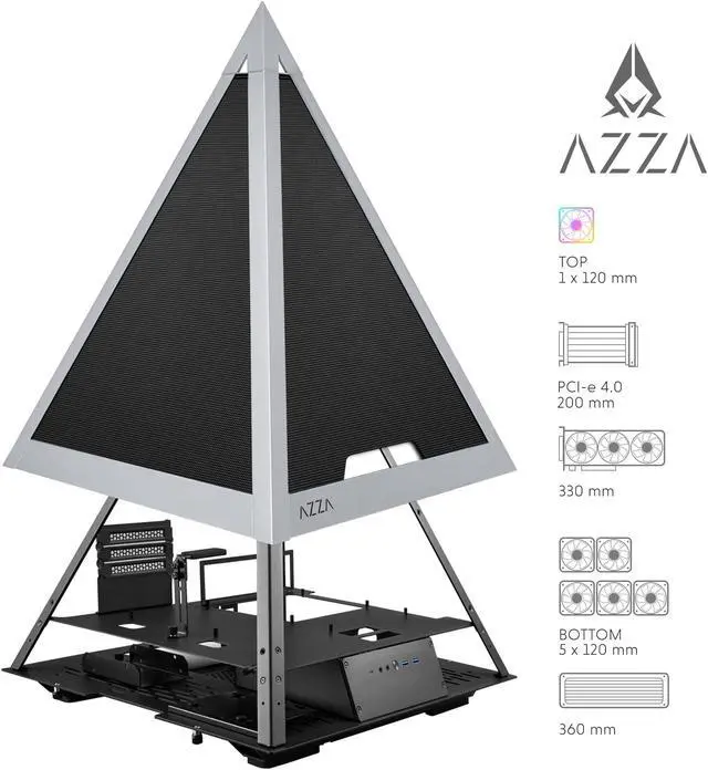 Alt view image 5 of 5 - AZZA Pyramid Mesh PC Case - ATX Pyramid Enclosure with Mesh Panels & Anodized Aluminum Frame, E-ATX MB & 360mm Radiator Support, 120mm ARGB Apex Fan - PCI-e 4.0 x16 Riser Cable & GPU Holder